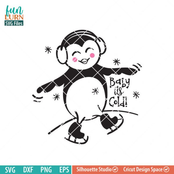 Baby its cold SVG, cute penguin, Ice skating, Snow, Winter woodland creatures, sweater, ear muffs, snowflakes SVG DXF eps png