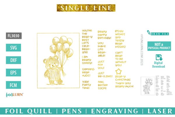 Single Line Bear holding balloons with Mix and Match sentiments