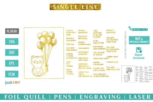 Single line Cat/Kitten holding balloons with mix and match sentiments