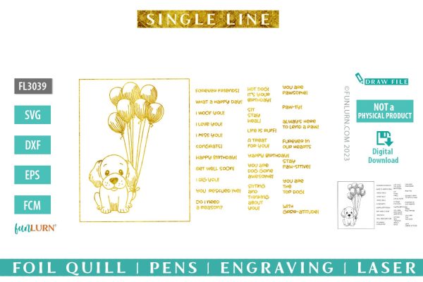 Single line Puppy holding balloons with mix and match sentiments